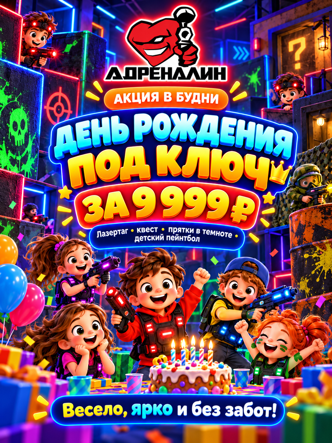Адреналин. Акция в будни: день рождения под ключ за 9 999 рублей. Лазертаг, квест, прятки в темноте, детский пейнтбол.